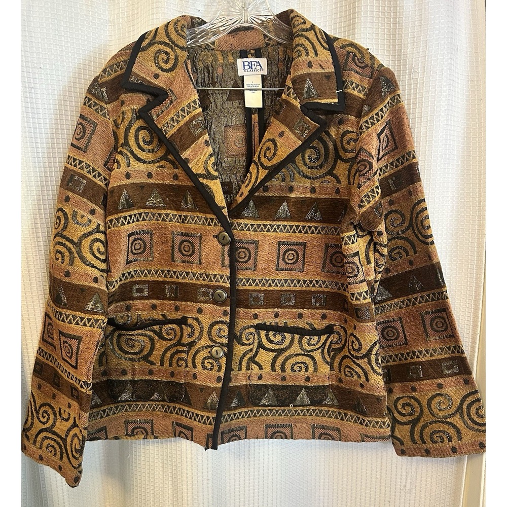 VTG Brown Tapestry Southwestern Jacket Womens L Boho Hippie Festival Indie
